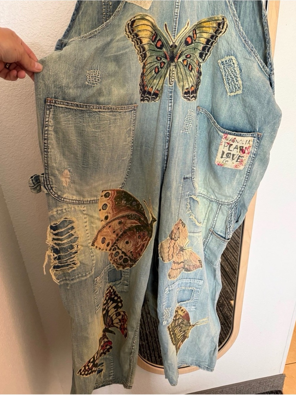 Magnolia Pearl Cotton Denim Appliqué Butterfly Overalls - Picture 5 of 14